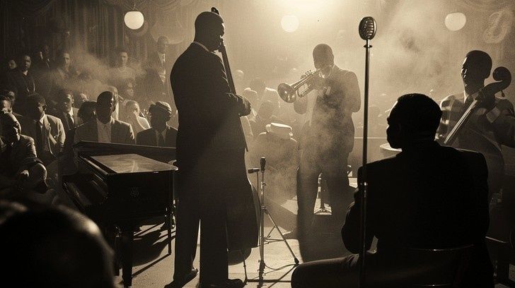 Jazzmusici spelen samen op een sfeervol, rokerig podium