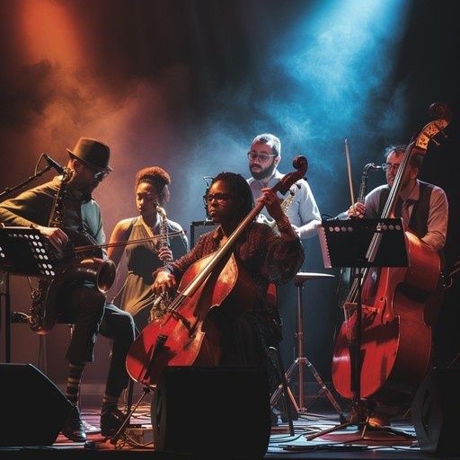 Jazzensemble met contrabas en cello onder blauw en oranje podiumlicht